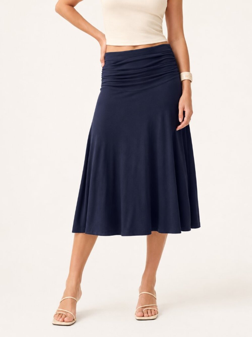 NWT OGL Eco-SkinKiss® Flowy Side Ruched A-line Midi Skirt Midnight Navy Blue S